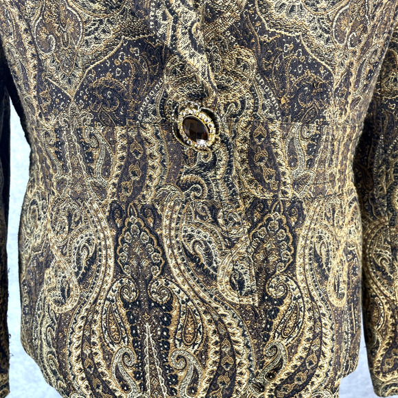 Focus 2000 Women 12 Peplum Jacket Brown Gold Paisley Topaz Jeweled Snap Closure - Picture 2 of 7